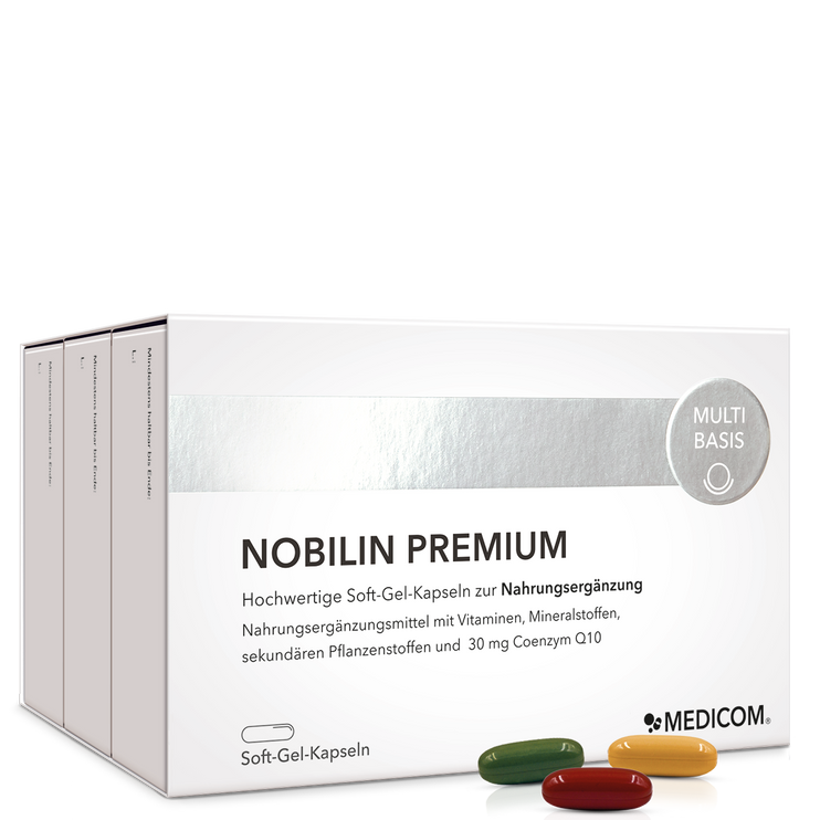 Die Vorderseite der 3 Packungen von  Nobilin Premium von Medicom