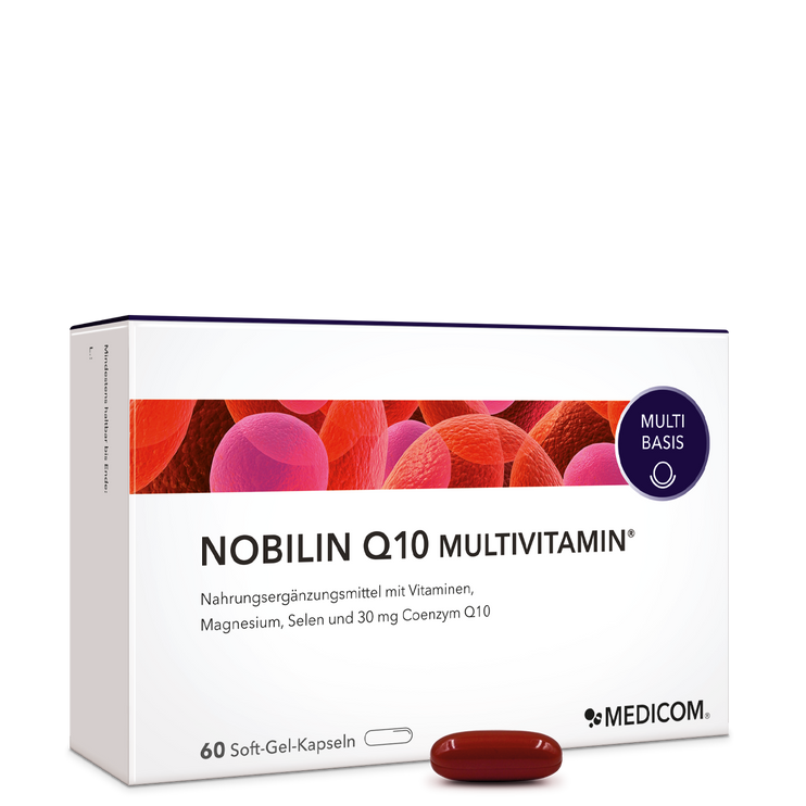 Die Vorderansicht der Produktpackung Nobilin Q10 Multivitamin® mit einer Soft-Gel-Kapsel im Vordergrund