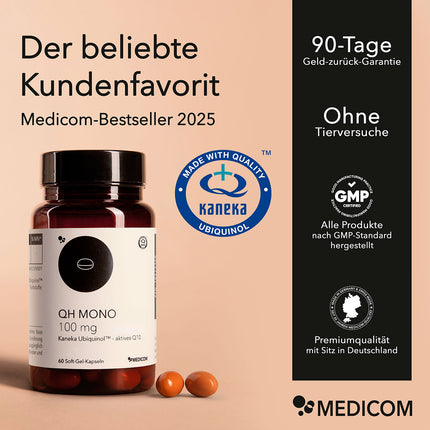 Produktinformationen zu QH Mono 100 mg, Medicom-Bestseller 2025, Siegel und Qualitätszertifikate sowie das blaue Qualitätszeichen von Kaneka