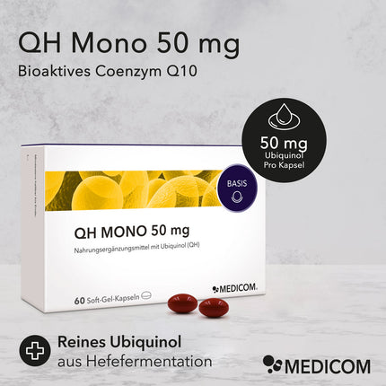 Die Produktpackung von QH Mono 50 mg mit Produktinformationen zu Inhalt pro Kapsel und reines Ubiquinol aus Hefefermentation