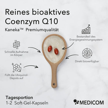 Keramiklöffel und 2 Soft-Gel-Kapseln und Auflistung mit Vorteilen von QH, das bioaktive Q10