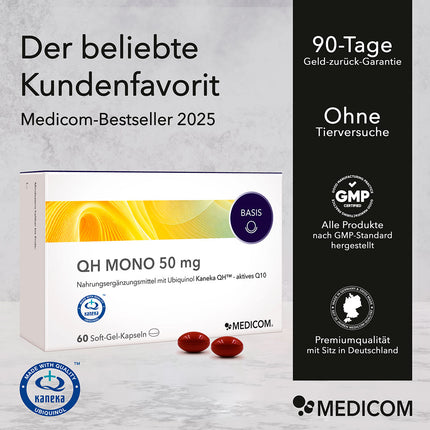 
Die Produktpackung von QH Mono 50 mg mit Qualitätssiegel und Zertifikaten und dem blauen Qualitätszeichen von Kaneka