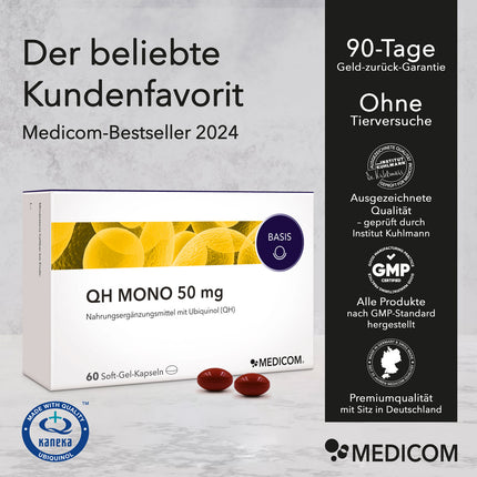 Die Produktpackung von QH Mono 50 mg mit Qualitätssiegel und Zertifikaten