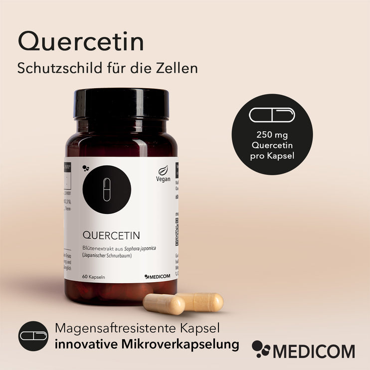 Die Produktdose von Quercetin mit folgenden Produktinformationen:
Quercetin – Schutzschild für die Zellen
Bubble: 250 mg Quercetin pro Kapsel
Unten links: In der wiederverwendbaren, recyclebaren Dose 
