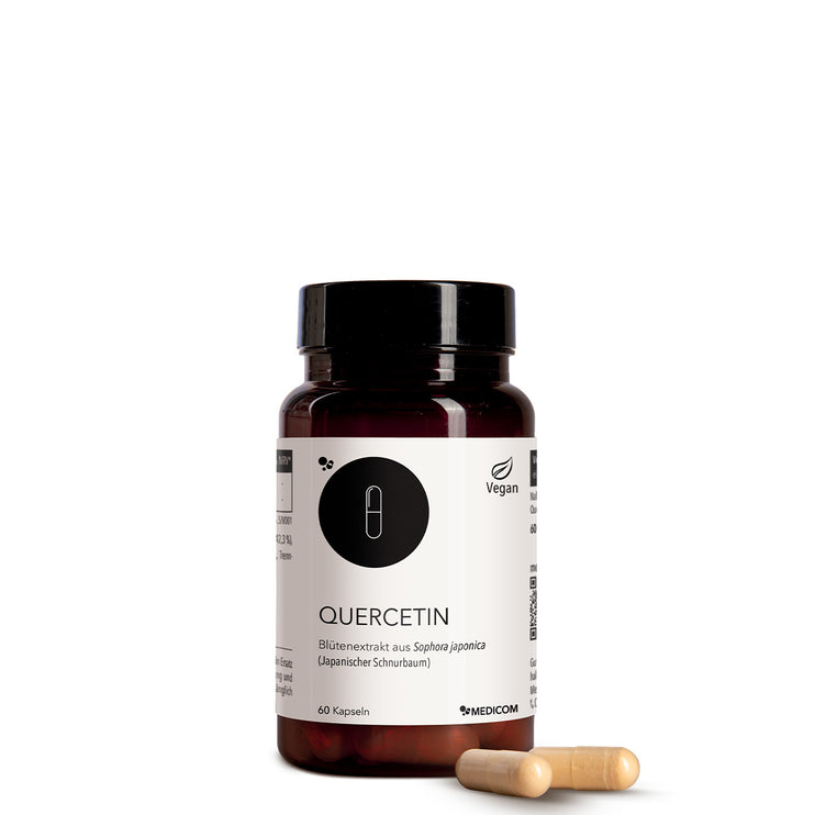 Quercetin von Medicom – die Produktdose von Quercetin mit zwei Kapseln im Vordergrund