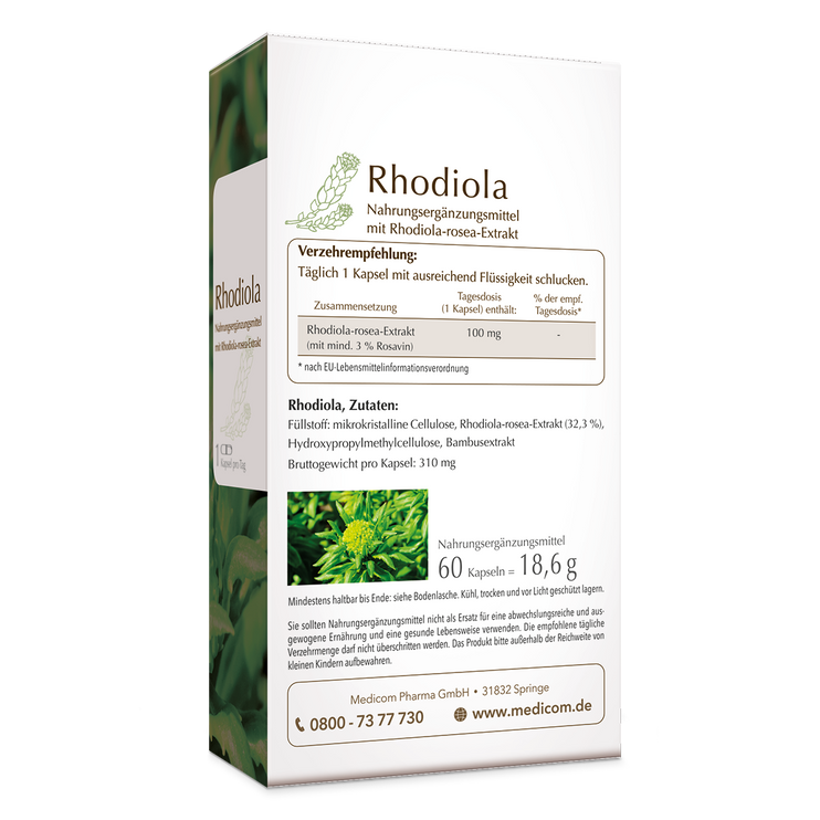 Rhodiola von Medicom – die Rückseite der Produktpackung mit genauer Angabe von Verzehrempfehlung und Zutaten 