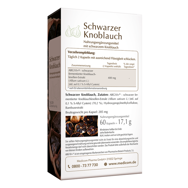 Schwarzer Knoblauch – die Rückseite der Produktpackung mit genauer Angabe von Verzehrempfehlung, Zutaten und Zusammensetzung.