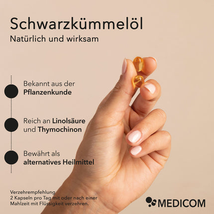 Finger halten zwei Schwarzkümmelölkapseln. Links Aufzählung von Produktvorteilen: bekannt aus der Pflanzenkunde, reich an Linolsäure und Thymochinon, bewährt als alternatives Heilmittel