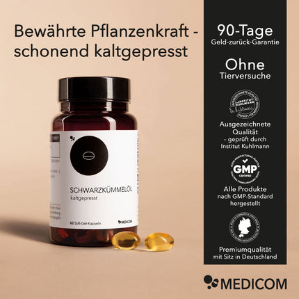 Die Produktdose von Schwarzkümmelöl und rechts Siegel und Qualitätszertifikate