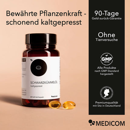 Die Produktdose von Schwarzkümmelöl mit der Information: Bewährte Pflanzenkraft - schonend kaltgepresst. Rechts im Bild ein schwarzer Balken mit Qualitätssiegeln und Qualitätsmerkmalen von Medicom.