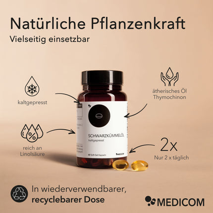 Schwarzkümmelöldose mit Produktinforrmationen: kaltgepresst und Tagesdosis etc.