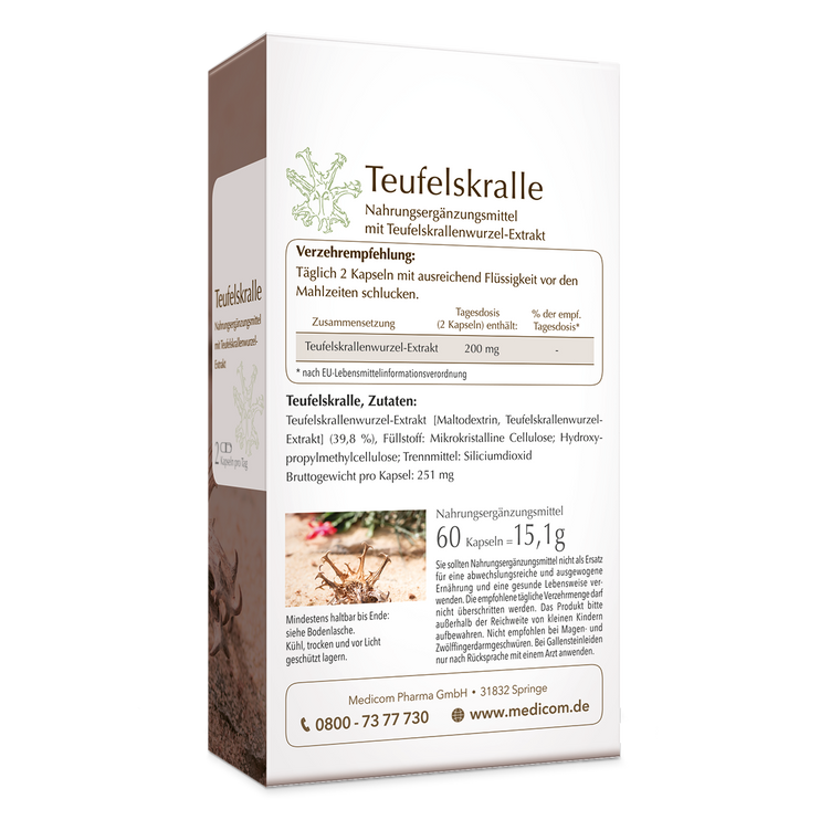 Teufelskralle – Rückansicht der Produktpackung mit Angabe der Verzehrempfehlung und Zutaten