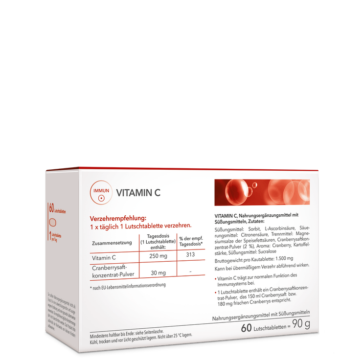 Die Rückansicht der Produktpackung von Vitamin-C-Lutschtabletten von Medicom mit Angabe von Verzehrempfehlung und Zutaten