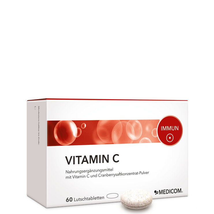 Die Vorderseite der Produktpackung Vitamin-C-Lutschtabletten