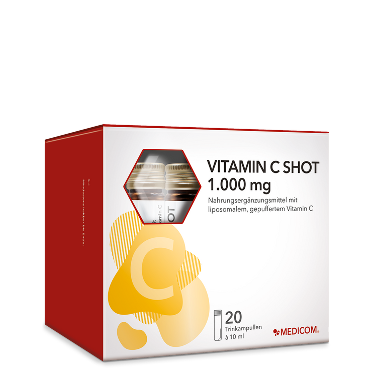 Die Vorderseite der Packung von Vitamin C Shot 1.000 mg von Medicom