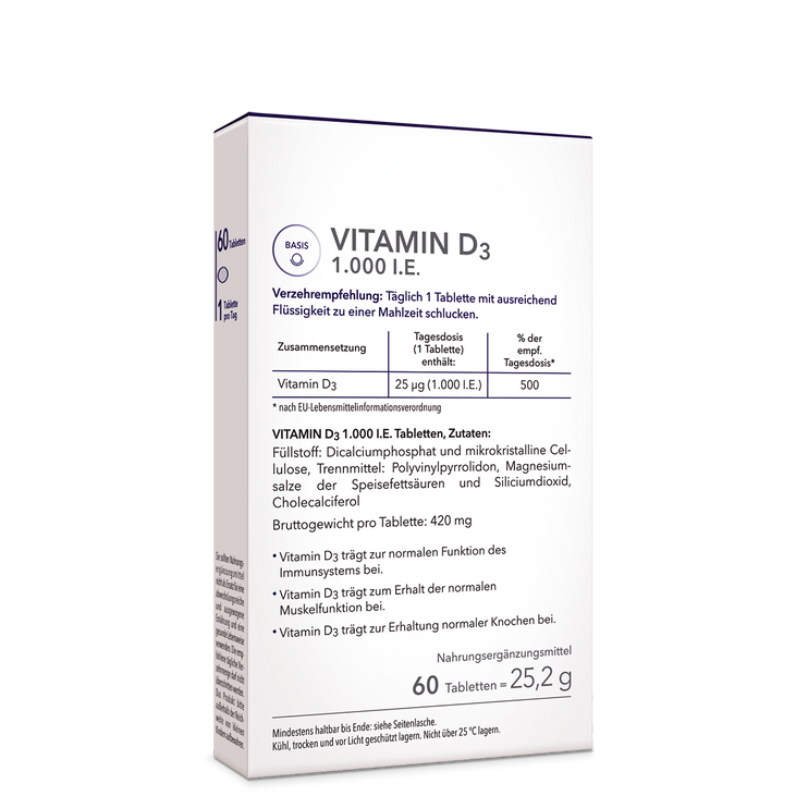 Die Rückansicht der Produktpackung von Vitamin D3 1.000 I.E. mit Angabe von Verzehrempfehlung, Zusammensetzung und Zutaten