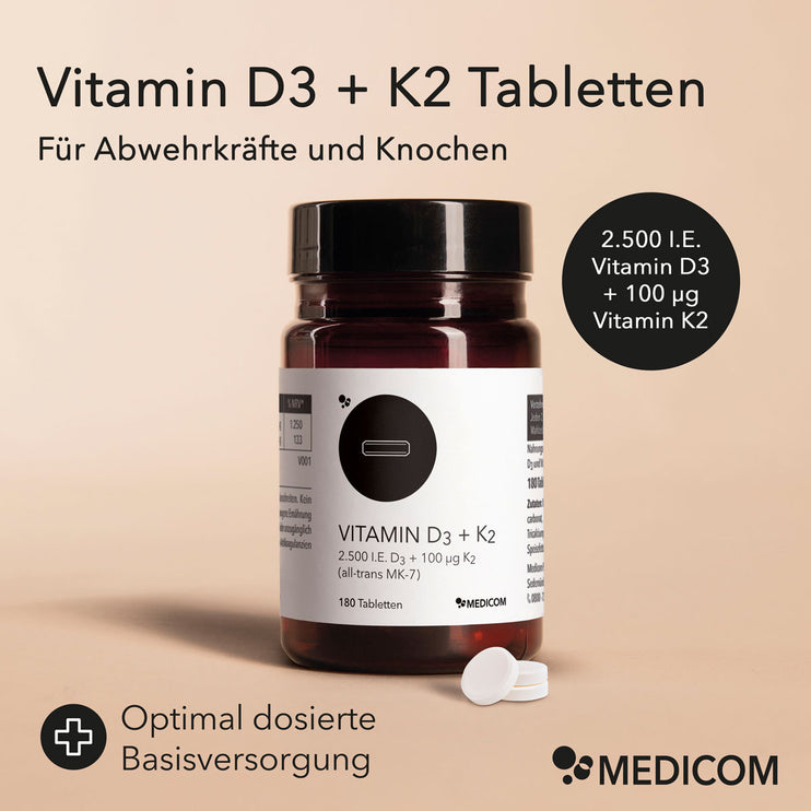 Produktdose von Vitamin D3 + K2 mit Produktinformationen. Für Abwehrkräfte und Knochen, optimal dosierte Basisversorgung, 2.500 I.E Vitamin D3 und 100 μg Vitamin K2. Auf dem Foto ist eine Produktdose und drei Tabletten zu sehen.