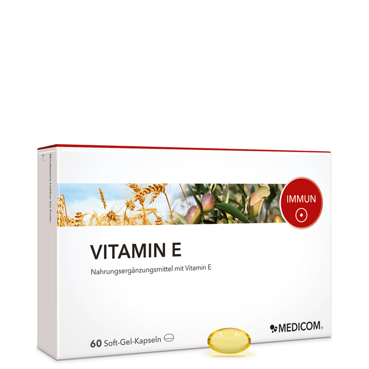 Die Vorderseite der Produktpackung Vitamin E von Medicom