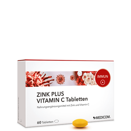 Die Vorderseite der Produktpackung Zink Plus Vitamin C Tabletten von Medicom